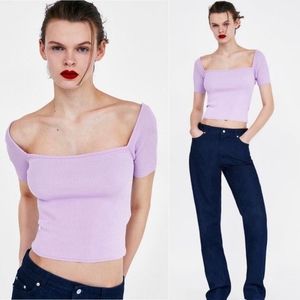 Zara Knit Purple Ribbed Square Neck Crop Top